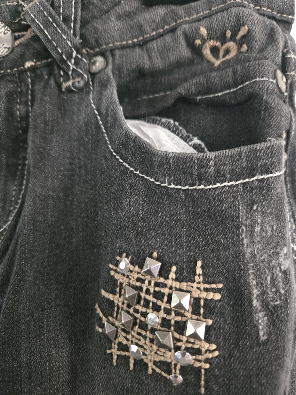 Justice Girls Black Skinny Jeans Distressed Crosshatch Rhinestone Bling Size 12s